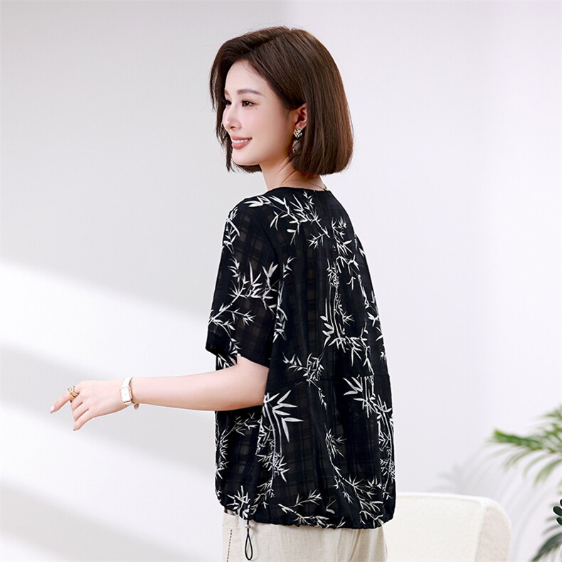 时尚竹叶印花宽松短袖T恤女夏季新款韩版百搭显瘦上衣,女装衬衫,叶笙衣