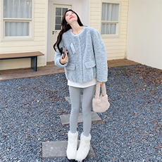 韩系温柔皮毛一体外套女2025冬季甜美浅蓝色加厚保暖软糯毛绒外套，女装皮草，2C056
