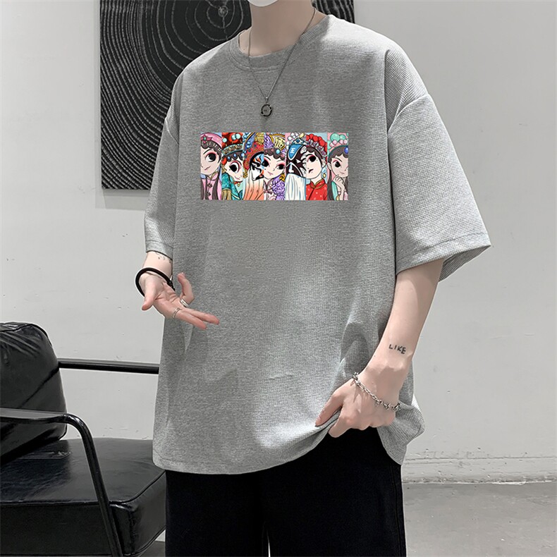 HT73250-P22京剧脸谱风华夫格t恤男短袖男大码五分袖大皂风,男装T恤,电商A040