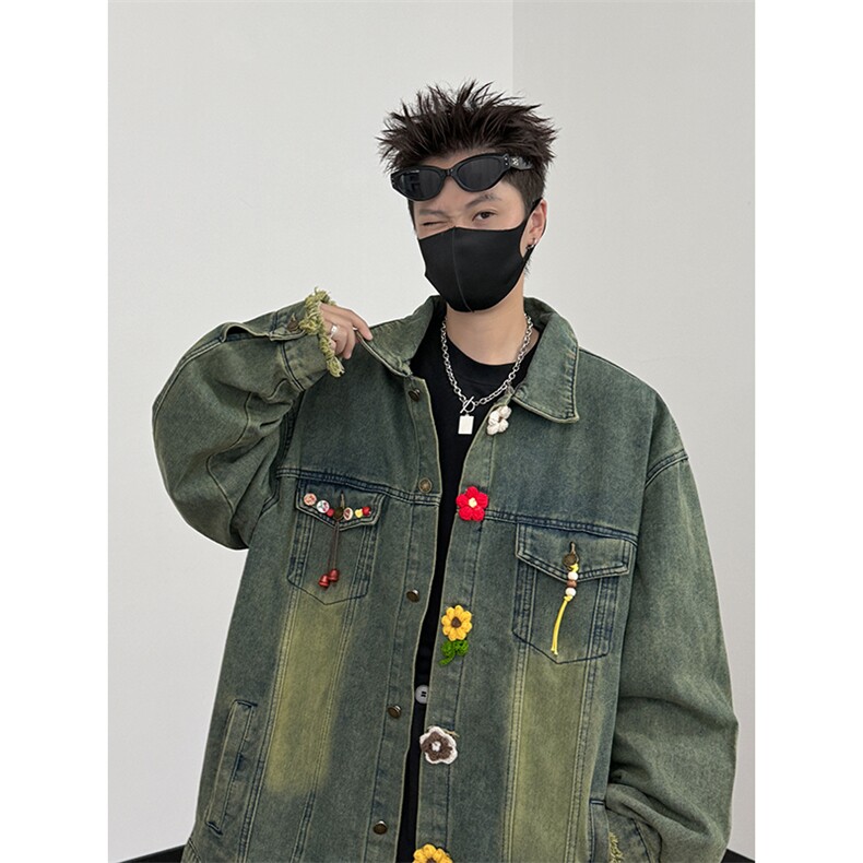 做旧水洗牛仔外套女花朵设计感宽松百搭休闲夹克JK0258-P78，男装工装外套，星座308B-2