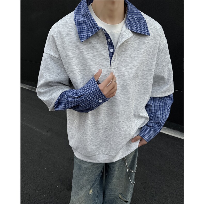 现货】WY25005-P35特大码假两件衬衫领套头卫衣,男装卫衣,电商D232