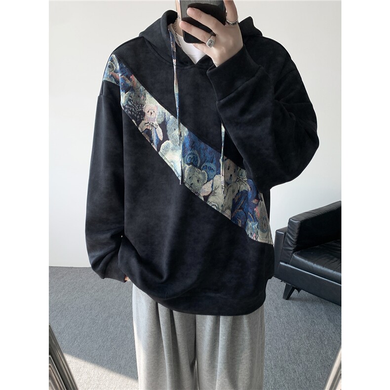 WY10200-特批40 春季新款连帽设计感拼接撞色宽松大码扎染卫衣男图片