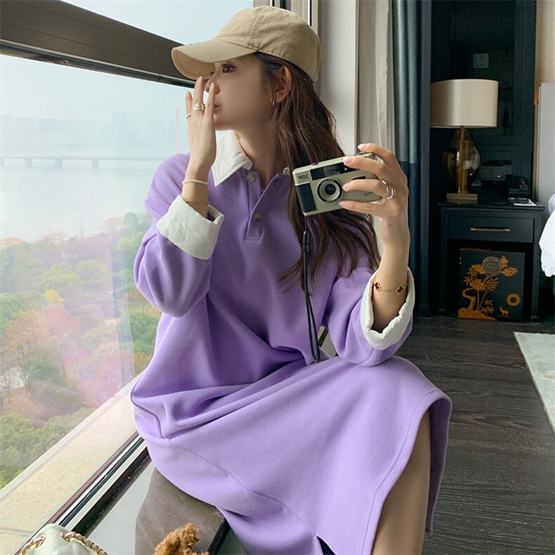 紫色时尚减龄宽松卫衣连衣裙女2023年春季新款韩版慵懒风百搭长裙图片
