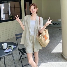 盐系休闲短袖西装短裤套装女夏季2025新款爆款高级感小个子两件套，女装套装/套裙，蝶眷