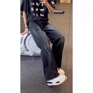 美式高街微喇叭牛仔裤男复古拼接直筒裤子水洗做旧毛边休闲裤图片
