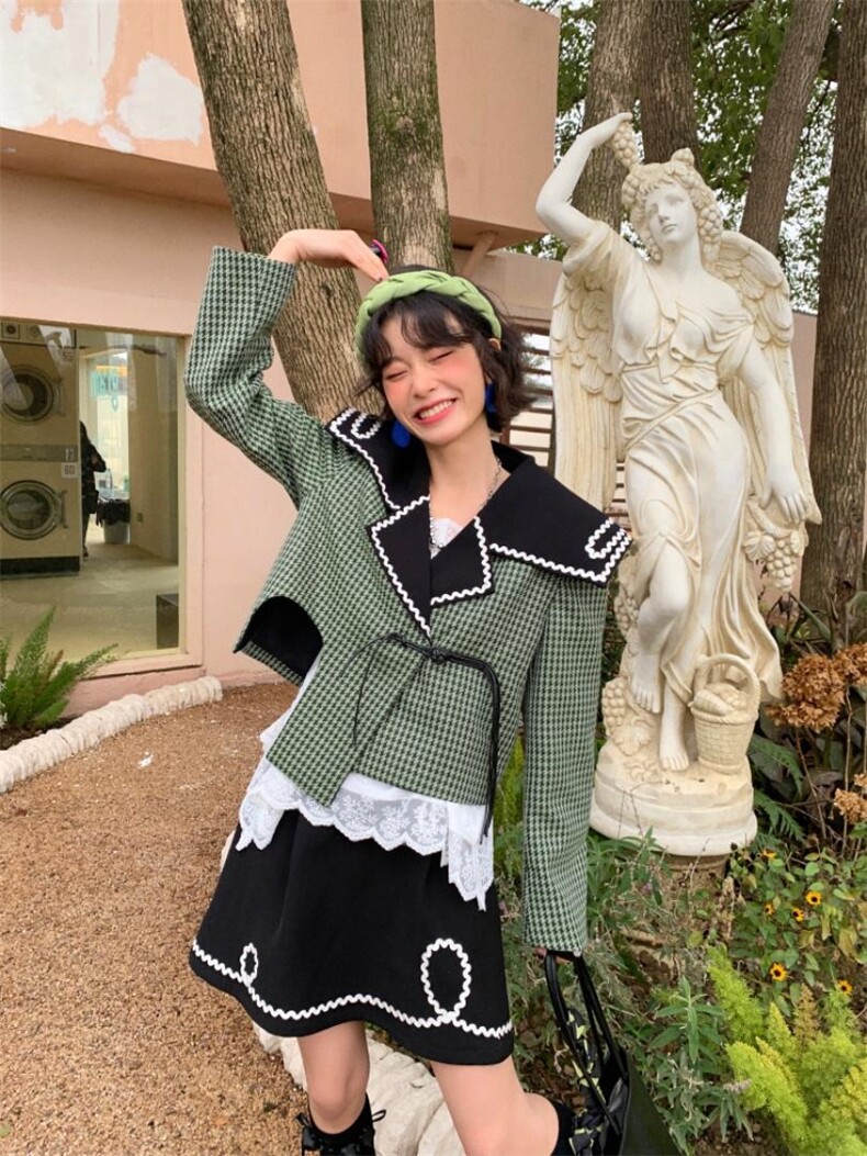 大翻领绿格纹套装，女装职业装，YOUER DENG