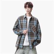 衬衫男春季新款港风宽松大码磨毛格子长袖衬衣CS618-P35，男装衬衫，星座214-3