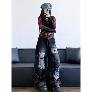 小众复古破洞牛仔裤男女宽松新款设计感做旧水洗显瘦拖地裤-网图图片