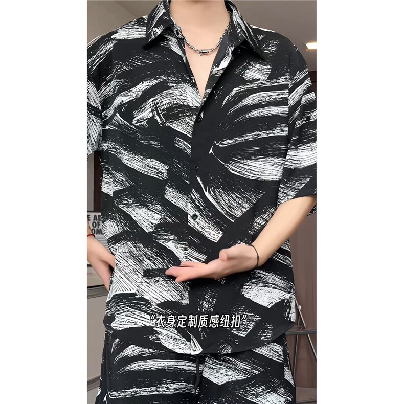 短袖衬衫男+短裤男套装男100%聚酯纤维M-5XL大码TZ78716P50控98图片