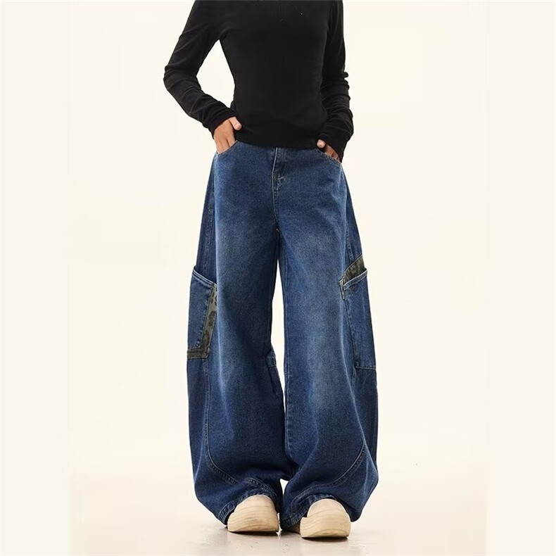 现货复古小众做旧阔腿宽松长裤子豹纹拼接直筒休闲弯刀牛仔裤女潮，男装牛仔裤，星座302B