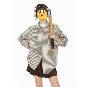撞色条纹衬衫男款春秋季美式复古学院风青少年痞帅高级感长袖衬衣图片