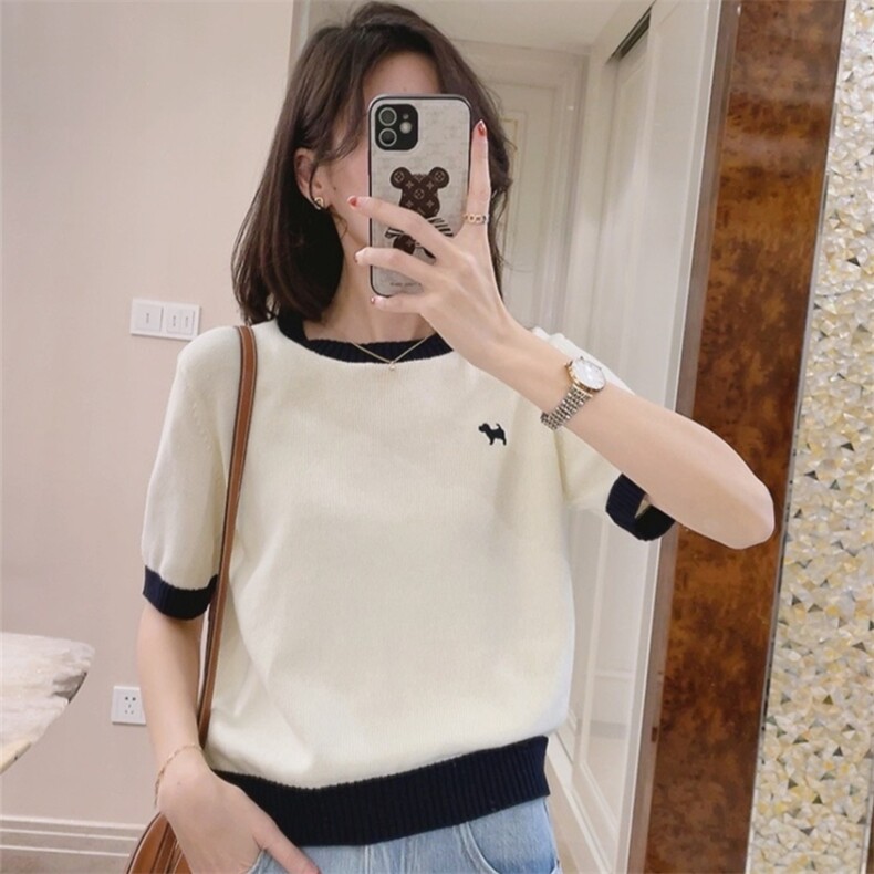 时尚拼色小狗刺绣短袖羊毛衫秋季新款显瘦百搭针织上衣，女装羊毛衫，珍珑羊绒