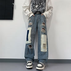 秋冬新款美式复古宽松微跨撞色破洞贴布哈伦牛仔裤男N06039-P53，男装牛仔裤，星座308B-1
