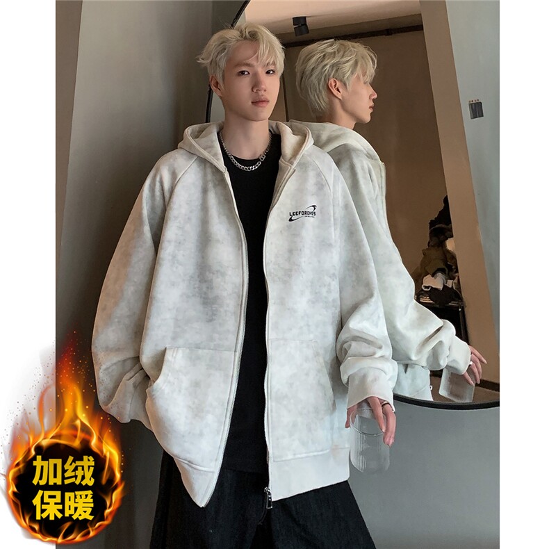 开衫卫衣男秋冬季加绒重磅字母印花青少年拉链外套JK092-P80,男装卫衣,电商C307