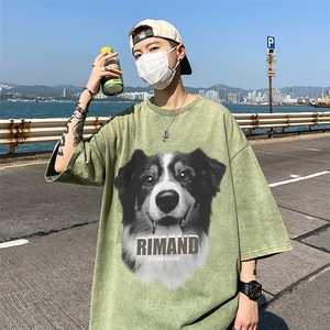 B239-1131-P38 美式 宠物狗狗大印花 复古水洗做旧落肩袖 短袖T恤图片