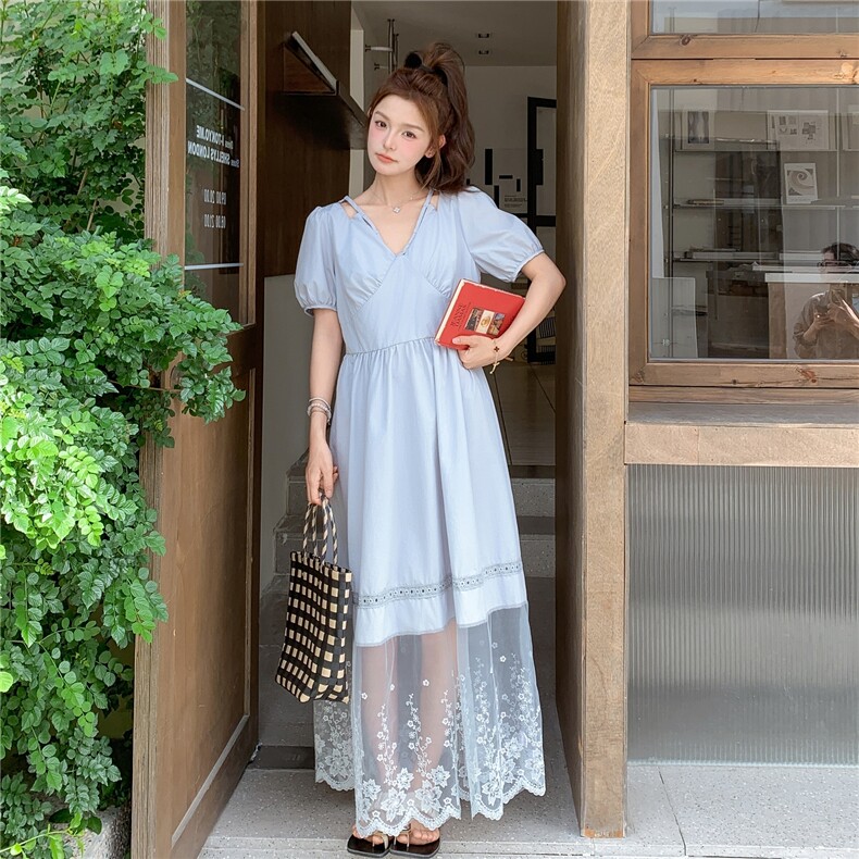 网纱拼接浅蓝色泡泡袖连衣裙你女夏2025新款超火绝美显瘦爆款长裙,女装连衣裙,2D045