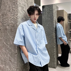 春夏英伦学院风青春男大竖条纹短袖衬衫翻领外套口袋设计短袖P40，男装衬衫，电商B319