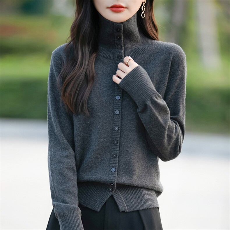 翻领灰色针织衫女开衫毛衣2024冬季新款大码显瘦高级感长袖上衣图片