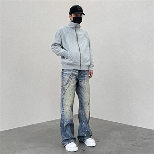 美式3D打印神牛cleanfit直筒宽松泼墨印花显高做旧牛仔图片