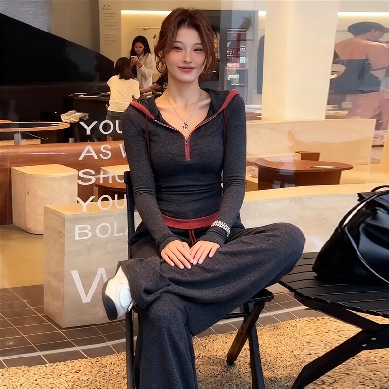 小众设计感女春新款时尚洋气撞色拼接连帽上衣高腰阔腿长裤两件套,女装套装/套裙,2C310