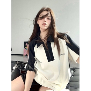 潮牌美式复古polo衫撞色短袖t恤女宽松设计感小众休闲半袖上衣图片