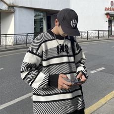 条纹字母毛衣男韩版潮流痞帅2023冬季新款ins宽松针织衫W3402-P50，男装针织衫/毛衣，星座412-3