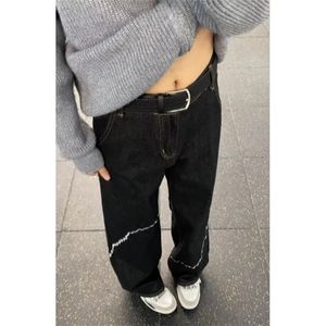 黑刺绣解构牛仔裤男潮牌复古廓形休闲宽松阔腿长裤N8806