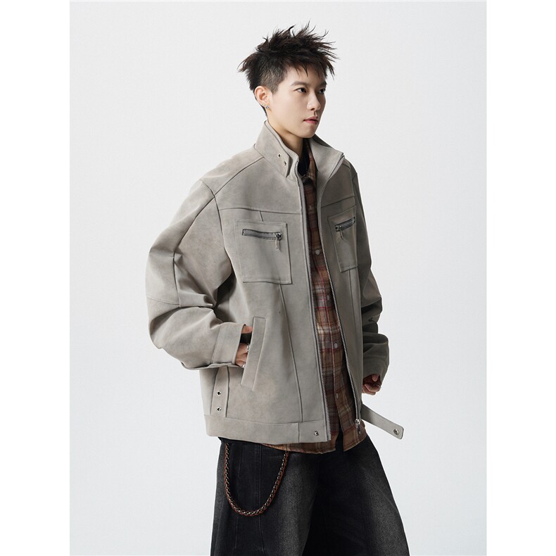 可二开雾霾扎染面料大码M-5XL工装拉链皮衣夹克男JK78100P90控128，男装皮衣，星座227-7