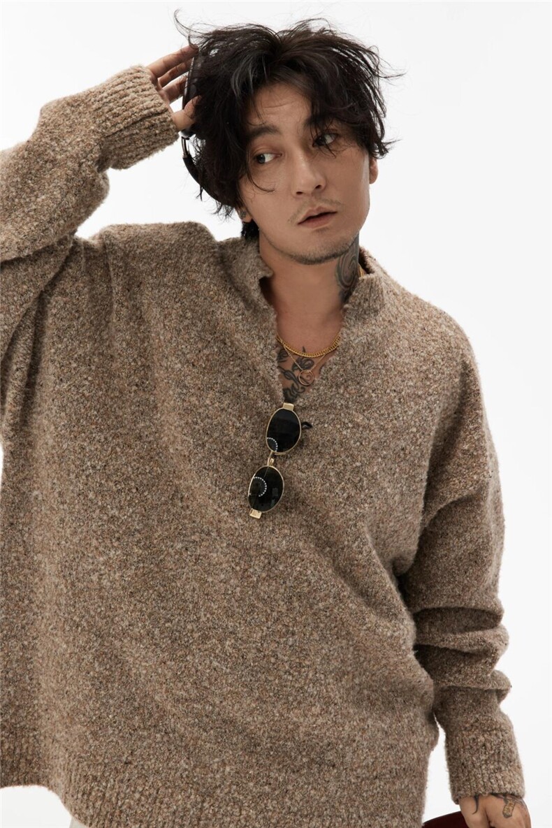 25M22-P65秋冬慵懒风保暖套头毛衣小V领针织衫男女宽松毛线衣,男装针织衫/毛衣,电商B327