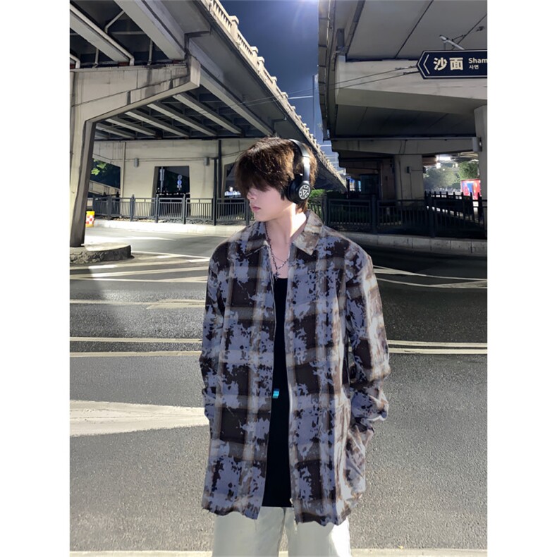 春季长袖衬衫外套男高级感痞帅美式格子扎染翻领拉链开衫衬衣潮牌,男装衬衫,星座410-7