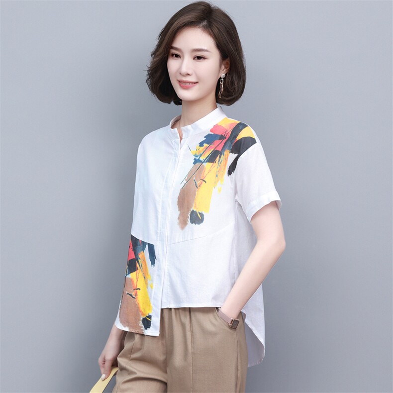(新款)2024夏棉麻T恤水墨画复古中老年妈妈装衬衫女三年不下架,女装T恤,璐依舞