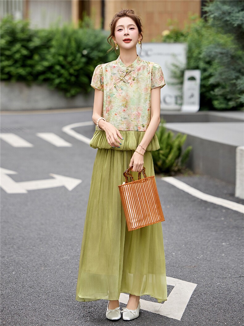 新中式g风提花人丝盘扣宽松上衣流光纱半裙两件套,女装套装/套裙,采品优优