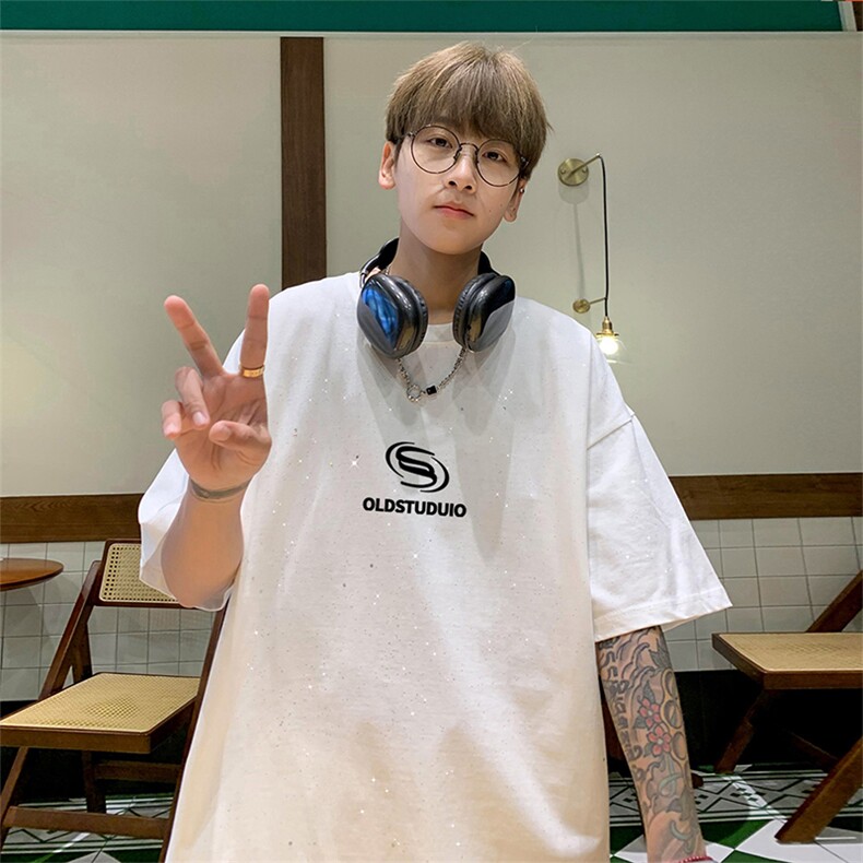 可48小时发货支持抖音得物来样二开美式满天星亮片短袖T恤MTX725,男装T恤,电商A486