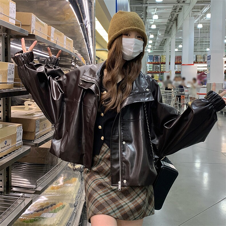 港风时尚短款高级感皮衣外套女2025春秋新款宽松显瘦休闲洋气上衣,女装皮衣,2C125