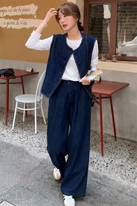 超火盐系穿搭小香风牛仔马甲套装女春秋2025新款休闲阔腿裤两件套图片