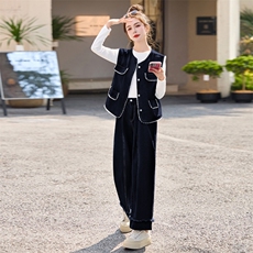 2025秋新款蕾丝拼接收腰牛仔马甲背心阔腿裤三件套，女装套装/套裙，瑶迪