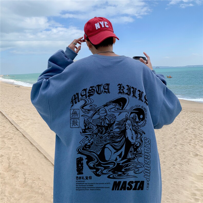 ！直播品质重磅宽松大码港风关公印花圆领卫衣WY39-特p28,男装卫衣,星座508（原C305）