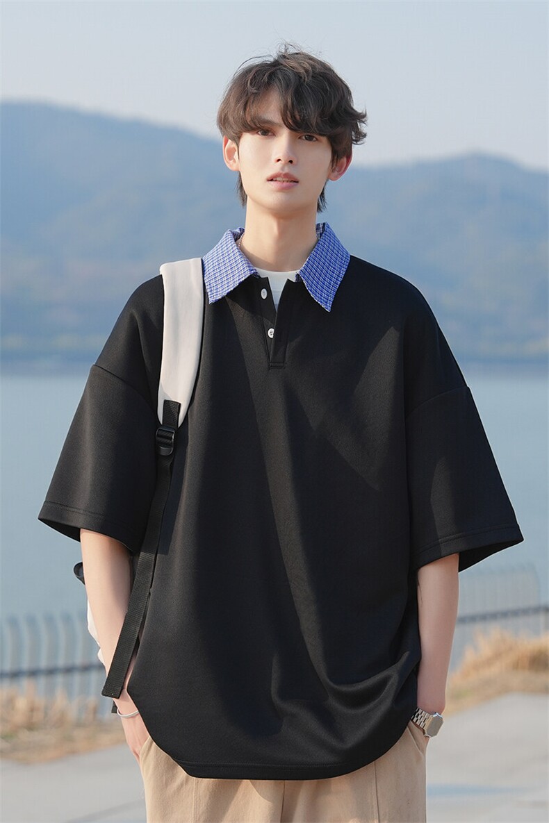 藏青色假两件衬衫领短袖男日系少年感polo衫夏季大码宽松休闲T恤,男装T恤,电商A001