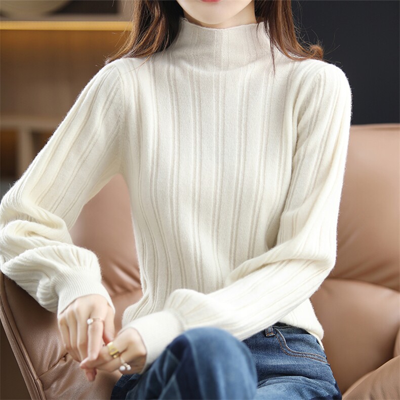 2024秋新款灯笼袖修身内搭半高领女羊毛衫,女装羊毛衫,迅太羊绒