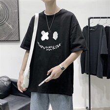 T1795P25港风室内宽松T恤棉2021男线条笑脸英文印花短袖T恤，男装T恤，星座510A-1