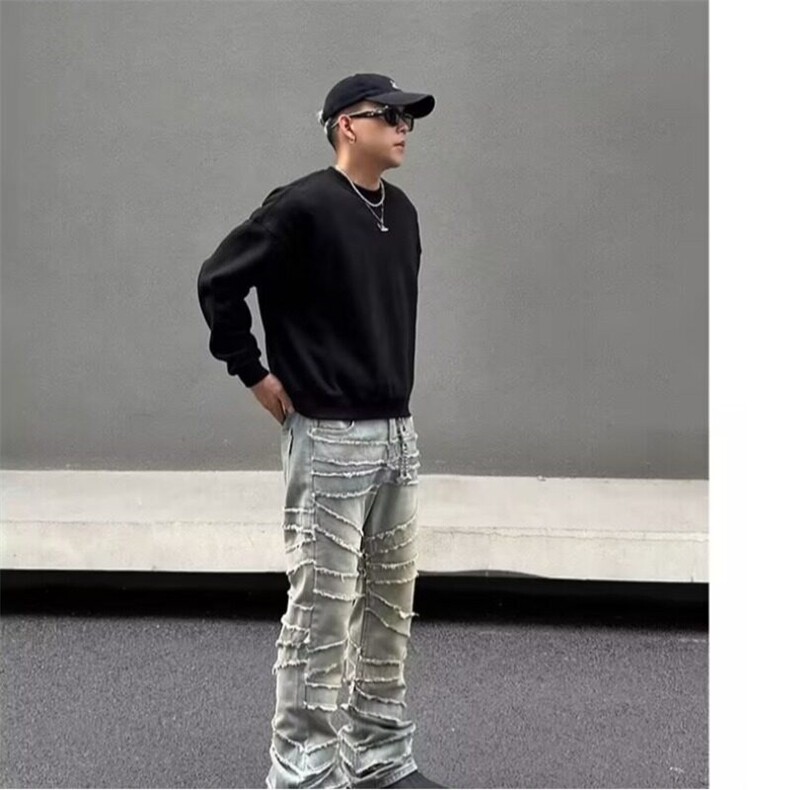 美式潮牌牛仔裤小众设计水洗做旧高弹力百搭浅色微喇叭裤,男装牛仔裤,星座506A