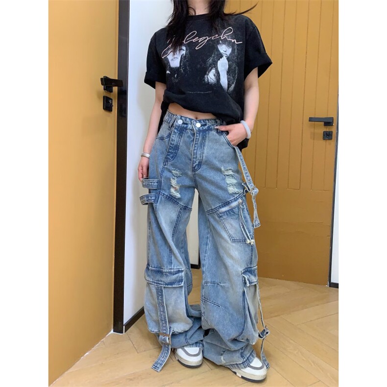 美式辣妹重工水洗多口袋工装牛仔裤女2025新款解构设计拖地裤,男装牛仔裤,星座506A