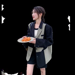 拼接方领纯色短袖极简风长袖西装韩版春秋小个子炸街气质网红时尚图片