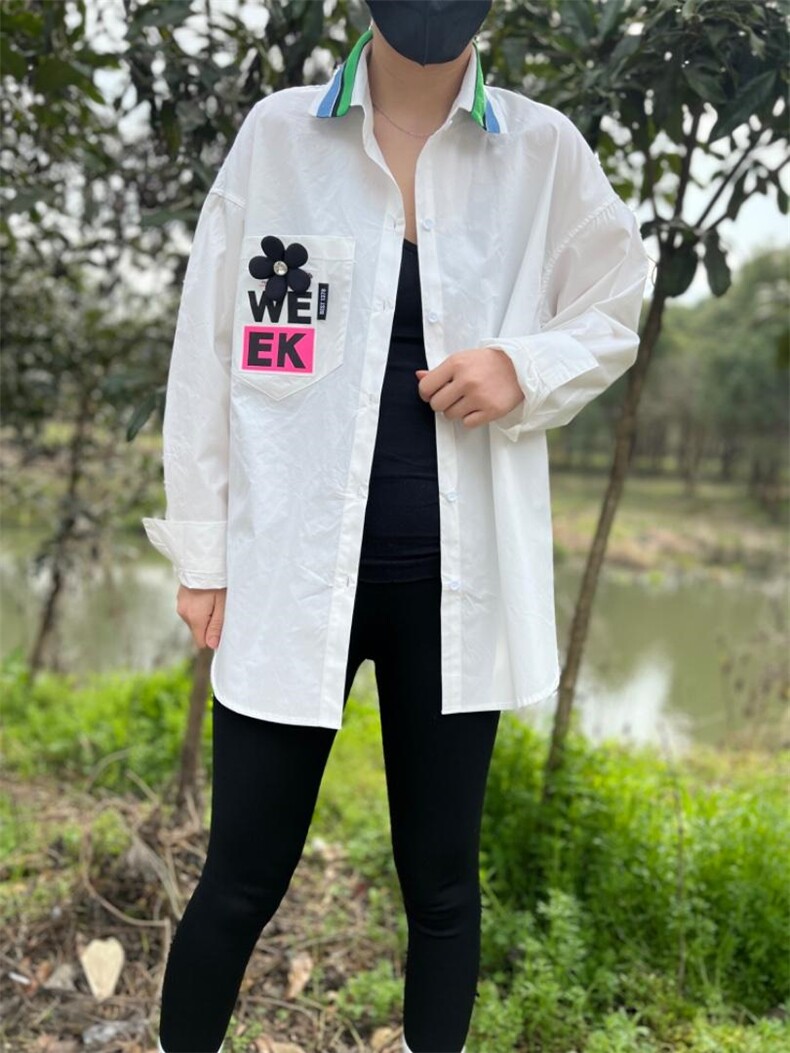新款拼色领配花朵胸针休闲衬衫,女装衬衫,L·H·X