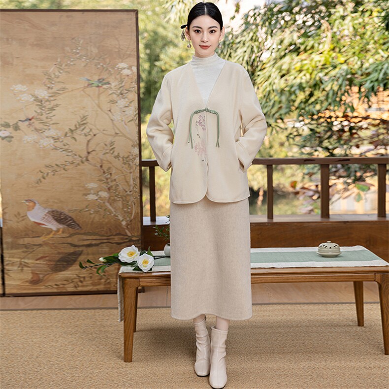 新中式国风禅意女装茶艺师服装改良汉服唐装上衣旗袍外搭开衫,女装毛呢外套,芷墨服饰