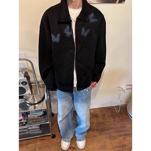 美式暗黑麂皮绒蝴蝶短款外套男款春秋boxy版型设计高级感翻领夹克图片