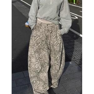 复古豹纹弯刀牛仔裤女夏季新款街头辣妹廓形宽松拖地长裤KN1504