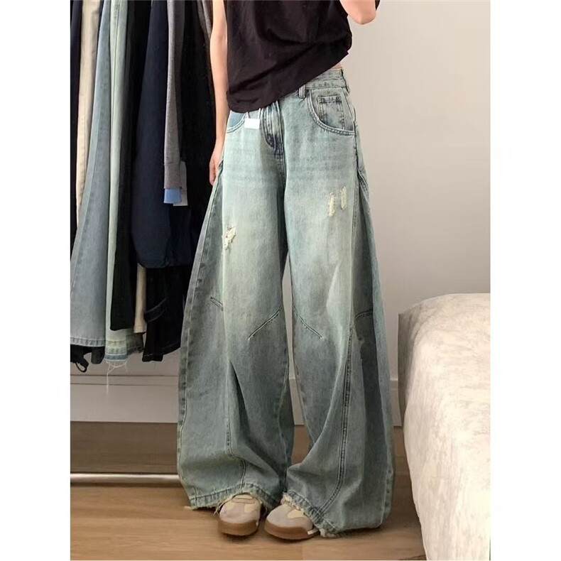 美式磨破阔腿牛仔裤女2025秋季新款高腰宽松显瘦遮胯弯刀拖地裤子,男装牛仔裤,星座506A