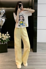 女夏季潮流时尚套装宽松显瘦圆领卡通印花T恤阔腿工装长裤两件套，女装套装/套裙，江南