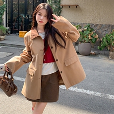 格子PU皮翻领拼接风衣外套女2025新款小个子今年流行休闲大衣，女装风衣，蝶眷